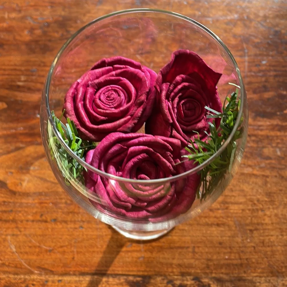 Handcrafted paper roses imbedded in resin in glass goblet 🌹